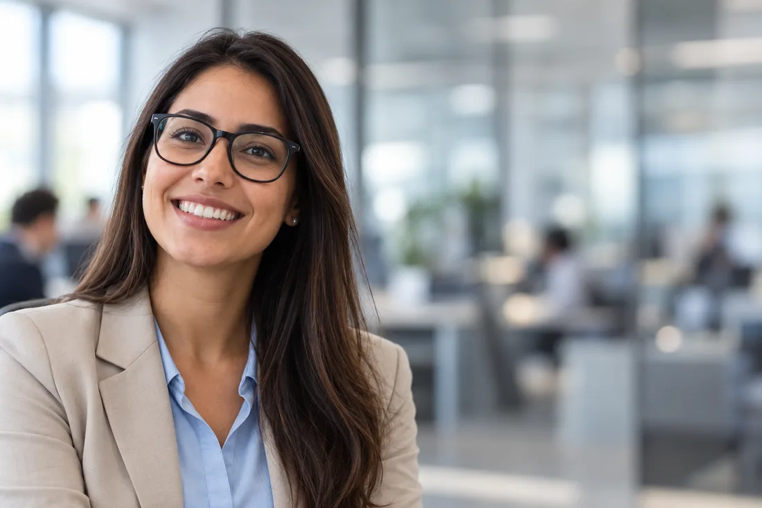 Colaboradora de óculos sorrindo no escritório