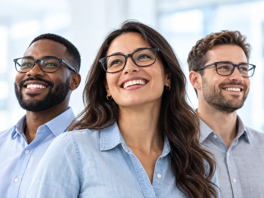 Três colaboradores de óculos sorrindo